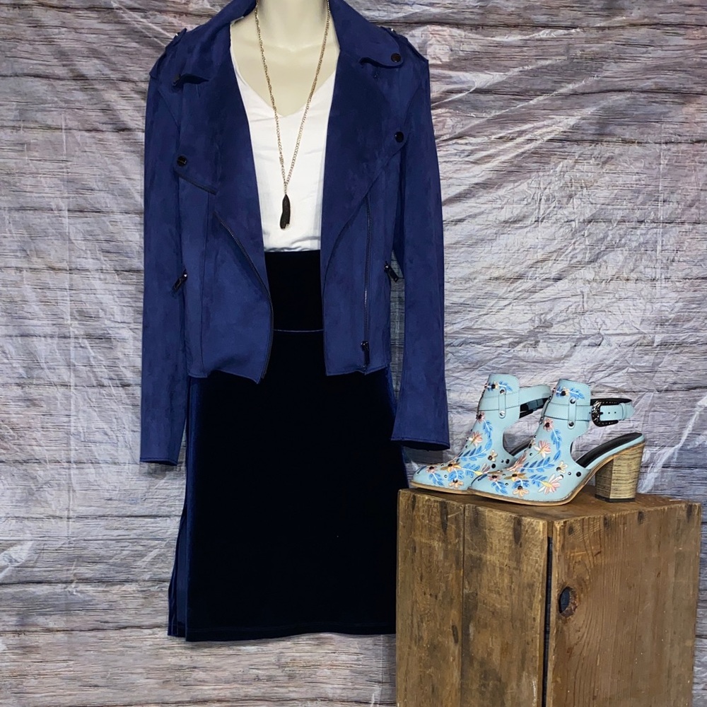 Royal Blue Velour Pencil Skirt With Slits